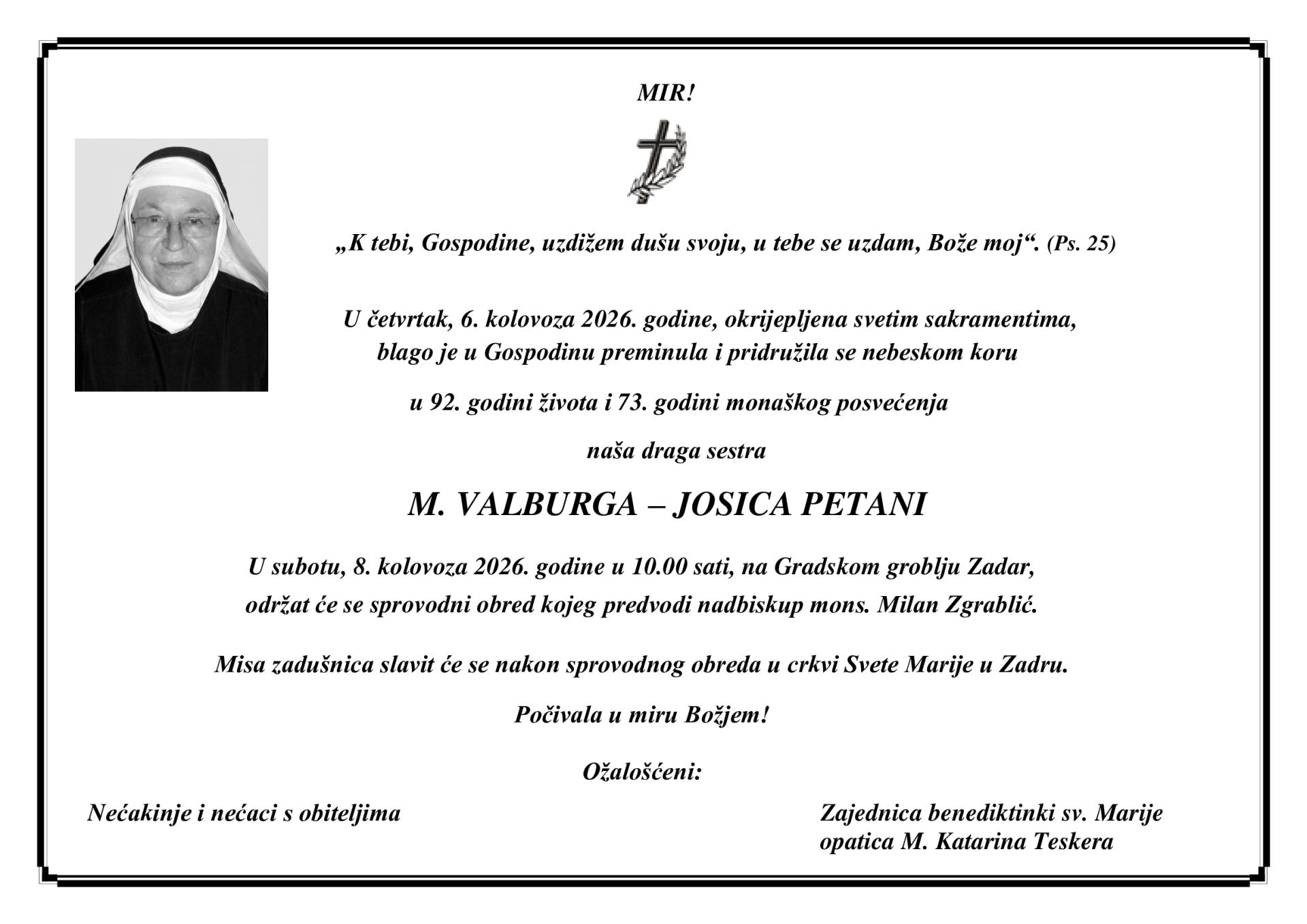 Preminula s. Valburga Petani, benediktinka koja je više od sedam desetljeća život posvetila samostanu sv. Marije u Zadru