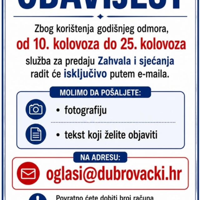 <p>Obavijest o radu oglasne službe Dubrovačkog vjesnika</p>