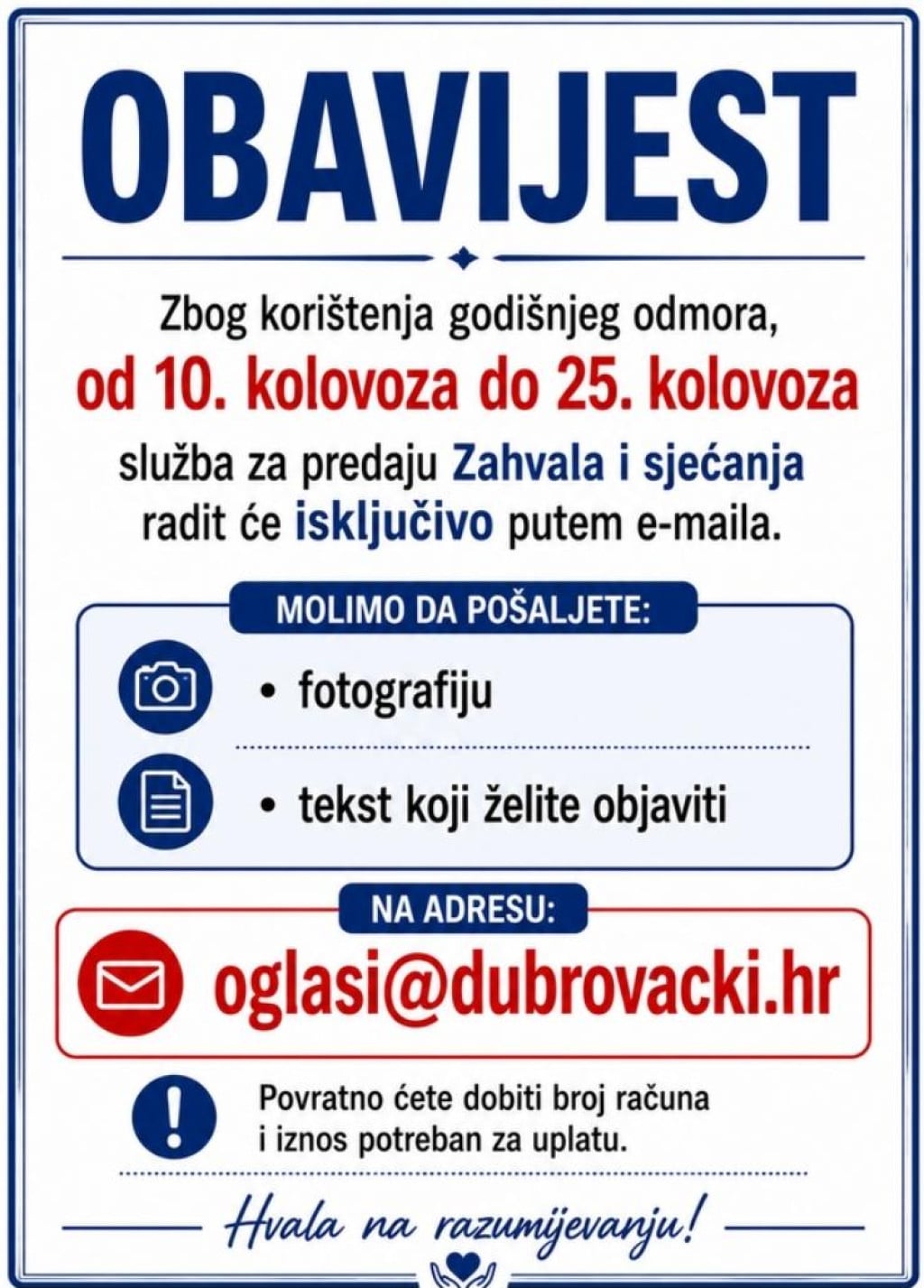 <p>Obavijest o radu oglasne službe Dubrovačkog vjesnika</p>