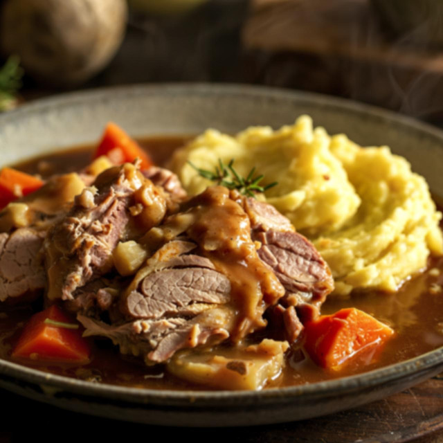 <p>pork meat stewed in rich gravy, accompanied by a side of mashed potatoes</p>