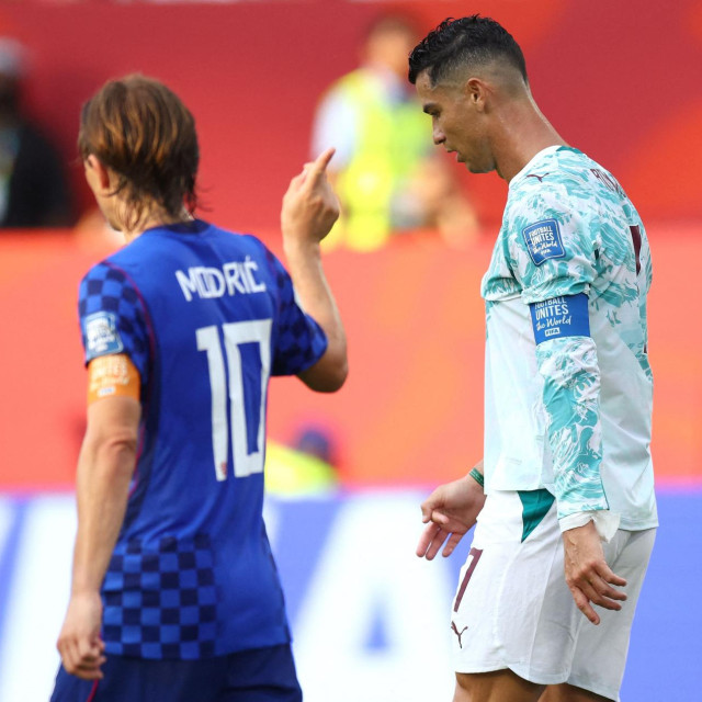 <p>Portugal&lsquo;s forward #07 Cristiano Ronaldo and Croatia&lsquo;s midfielder #10 Luka Modric walk on the pitch during the 2026 World Cup round of 32 football match between Portugal and Croatia at the Toronto Stadium in Toronto on July 2, 2026. (Photo by Cole Burston/AFP)</p>