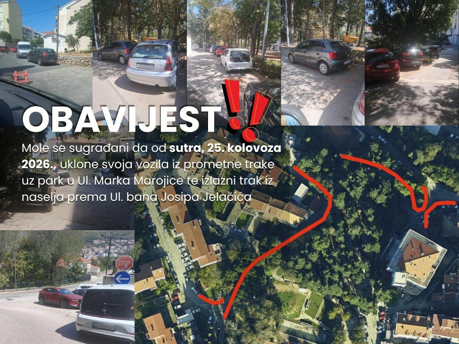 Zbog radova na sustavu oborinske odvodnje u Ulici Marka Marojice potrebno je ukloniti vozila