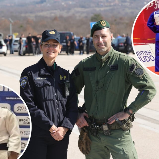 <p>Danijel Bradarić,&nbsp;pomoćnik zapovjednika za specijalnu policiju PU splitsko-dalmatinske,&nbsp;europski je prvak u judu; pokraj njega je glasnogovornica iste uprave Antonela Lolić</p>
