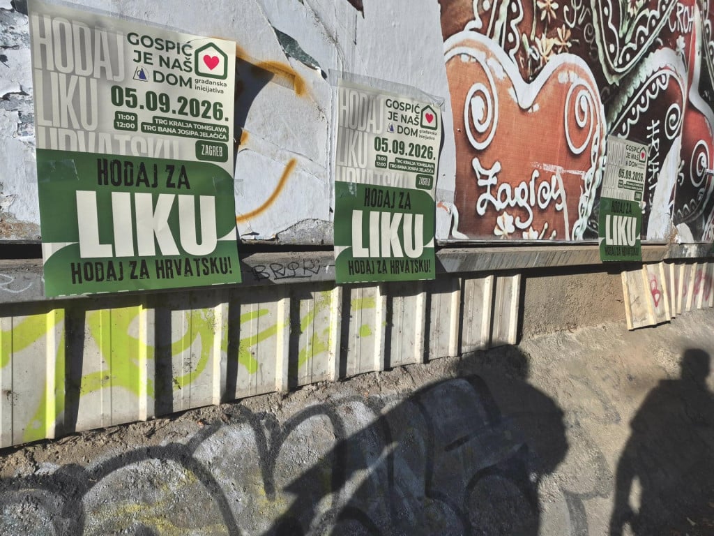 <p>Zagreb, 040926.<br>
Na Kneziji su oblijepljeni plakati koji pozivaju gradjane na prosvjed Hodaj za Liku, hodaj za Hrvatsku.<br>