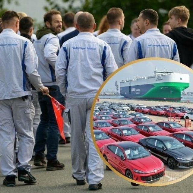 <p>Radnici Volkswagena u prosvjedu dok kineski Volkswageni čekaju na ukrcaj u luci Yantai</p>
