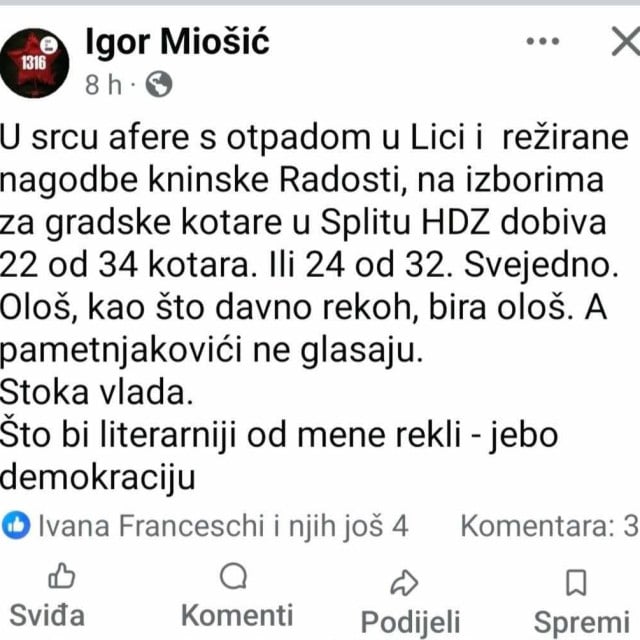 <p>FB objava člana stranke Srđ je Grad Igora Mio&scaron;ića</p>