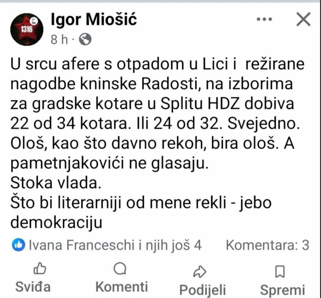 <p>FB objava člana stranke Srđ je Grad Igora Mio&scaron;ića</p>