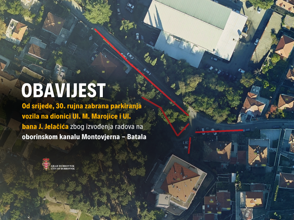 <p>Zabrana parkiranja na dijelu Ulice M. Marojice i Ulice bana J. Jelačića zbog izvođenja radova na oborinskom kolektoru Montovjerna - Batala</p>