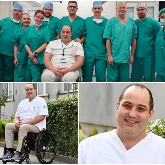 <p>Dr. Dominis ispred bolnice te s kolegama s urologije i voditeljem odjela, pokojnim dr. Tomislavom Sorićem</p>
