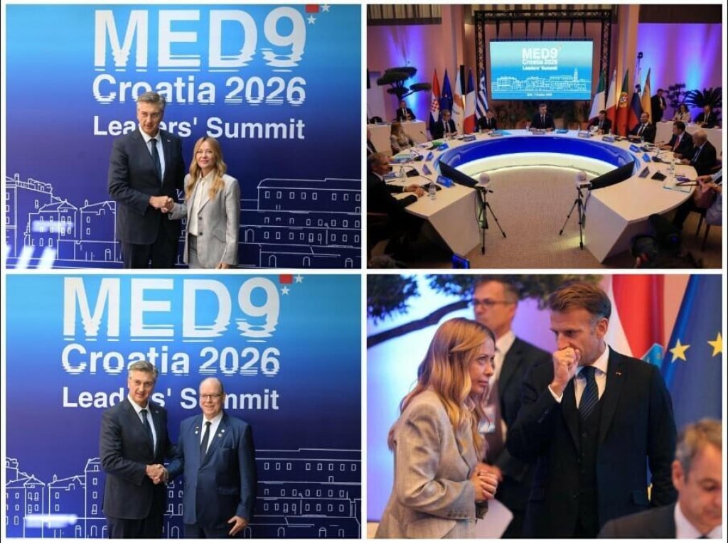 <p>Andrej Plenković, Giorgia Meloni, Emmanuel Macron,&nbsp;knez Albert II. od Monaka i sudionici summita MED9 u Splitu&nbsp;</p>