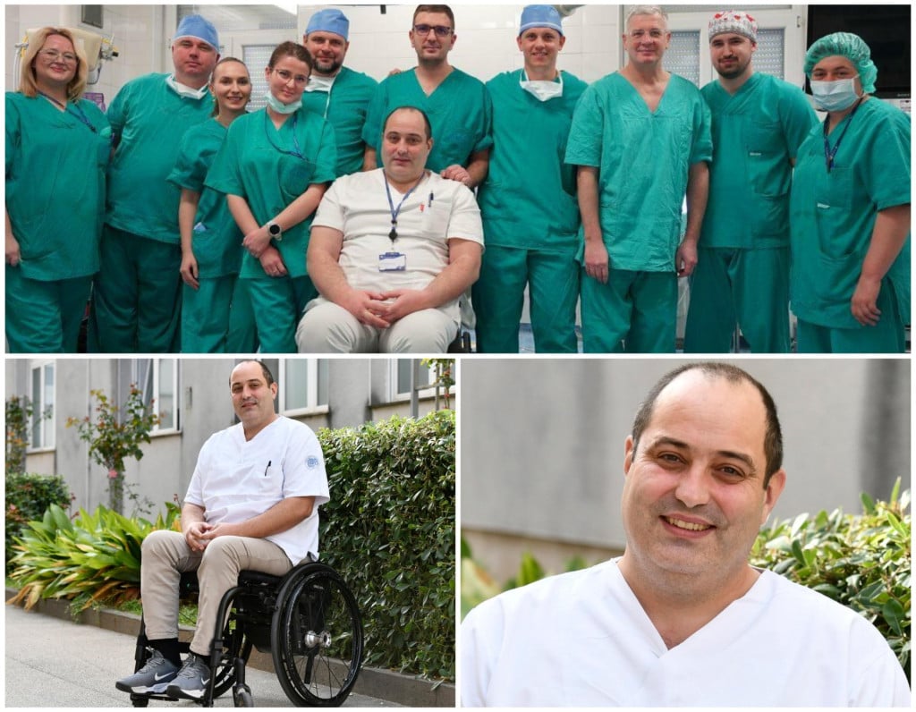 <p>Dr. Dominis ispred bolnice te s kolegama s urologije i voditeljem odjela, pokojnim dr. Tomislavom Sorićem</p>
