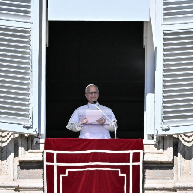 <p>Pope Leo XIV delivers his address during the Angelus prayer from the window of the Apostolic Palace overlooking St. Peter&lsquo;s Square in the Vatican, on October 11, 2026. (Photo by Filippo MONTEFORTE/AFP)</p>